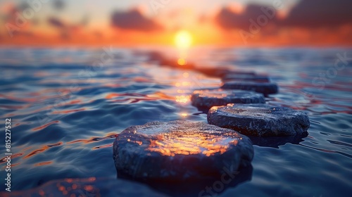 Abstract visualization of life milestones as stepping stones over a calm sea, wisdom journey, dawn light, front view