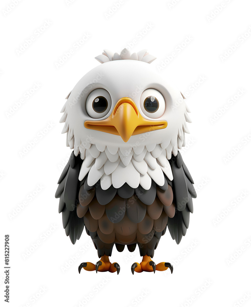 Fototapeta premium Cute Chibi Cartoon Animal Illustration: 3D Render of a Bald Eagle, Isolated on Transparent Background, PNG