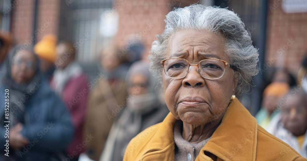 Elderly African-American woman stands in front of a group of elderly people and looks directly at the camera
Elderly African-American woman stands in front of a group of elderly people and looks directly at the camera