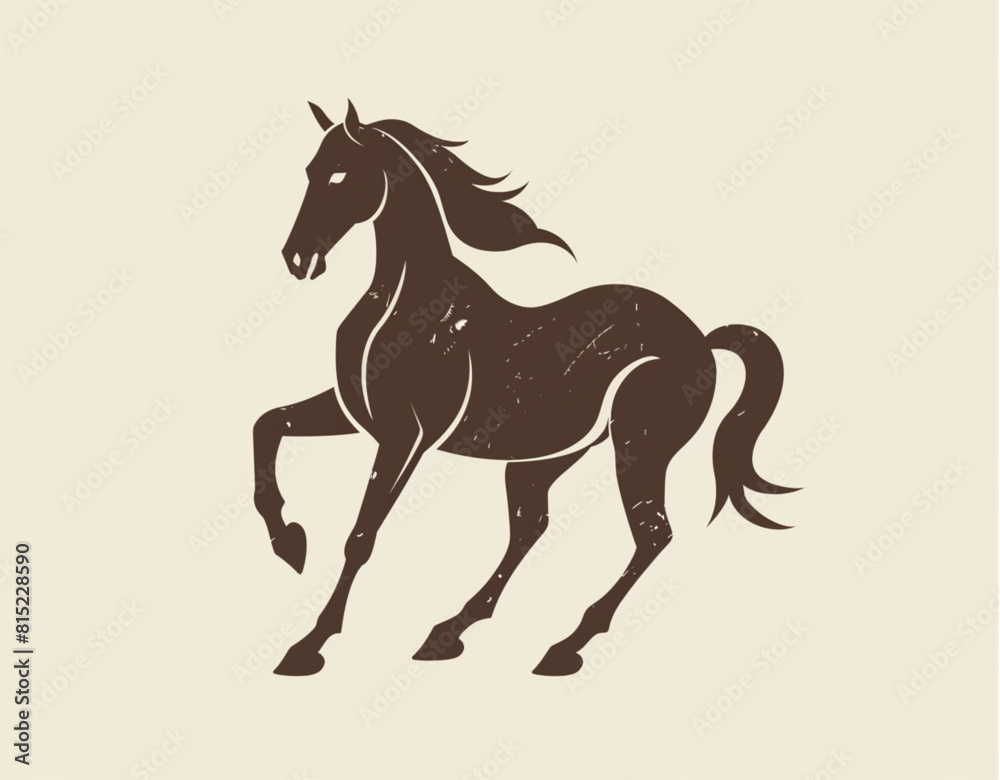logo design, simple shapes of a horse with one leg up, brown color on a light background