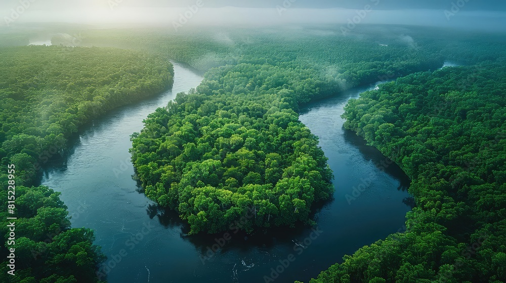 Aerial view of a vast, untouched wilderness with winding rivers and dense forests, sunrise, panoramic perspective Aerial view of a vast, untouched wilderness with winding rivers and dense forests, sunrise, panoramic perspective