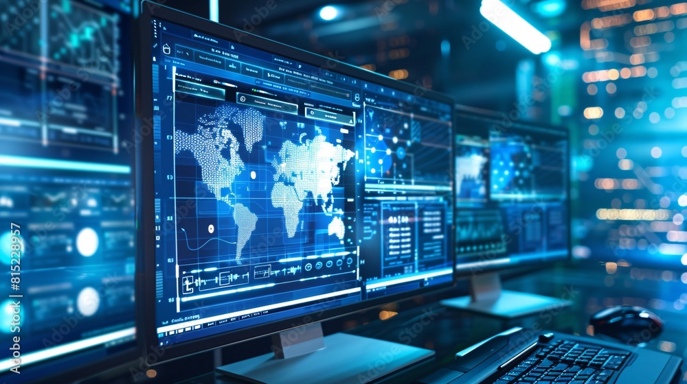 Multiple computer monitors glowing in a dimly lit room, casting a blueish hue on the surroundings