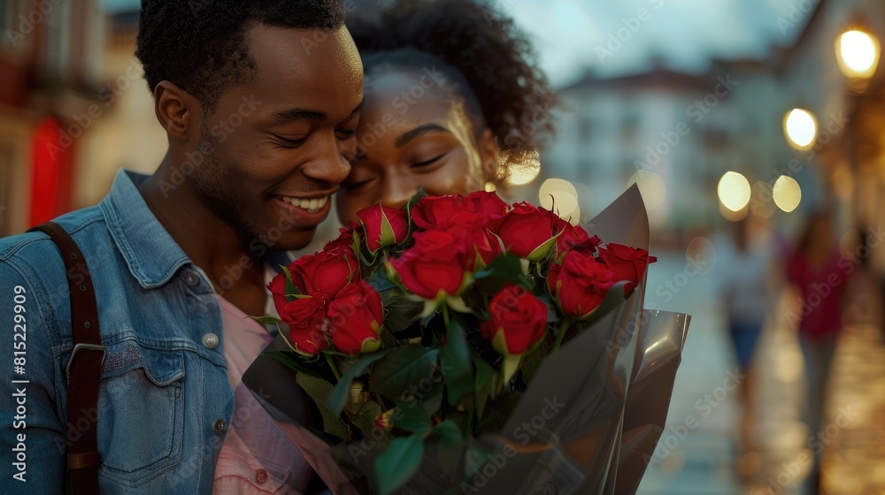A young couple deeply in love with the man holding a delightful surprise bouquet of roses for his gorgeous partner during their romantic date A young couple deeply in love with the man holding a delightful surprise bouquet of roses for his gorgeous partner during their romantic date