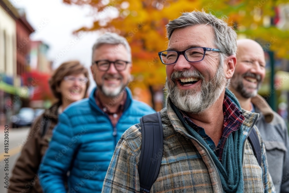 Happy senior couple with their family walking in the street in autumn. Happy senior couple with their family walking in the street in autumn.
