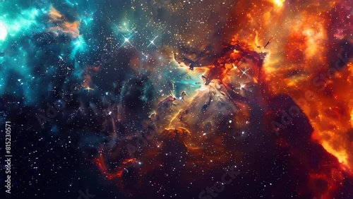Vibrant cosmic clouds and star fields in deep space nebula photo