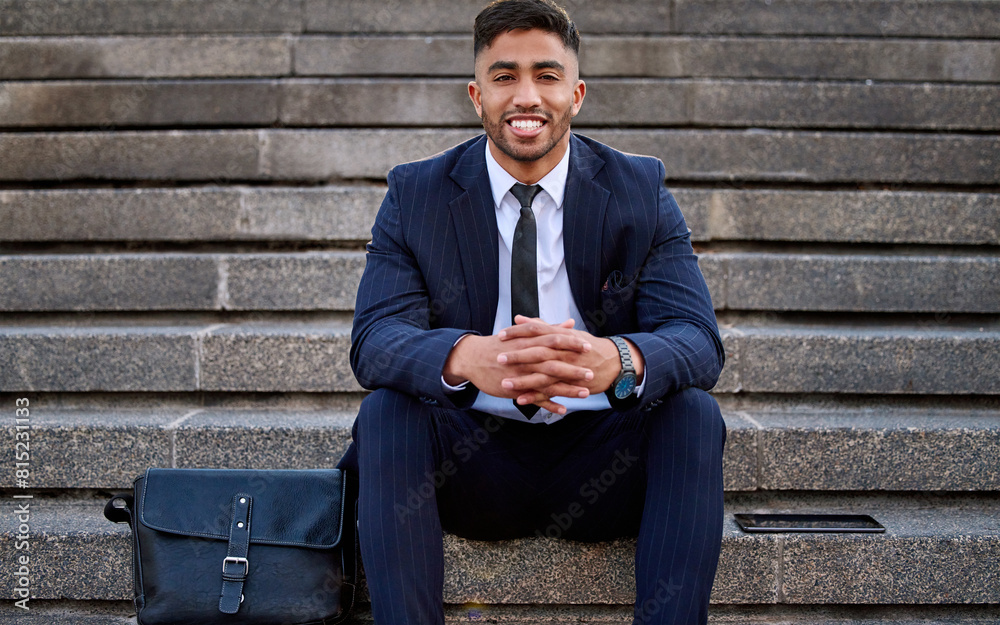 Happy, businessman and portrait on steps in city for travel, commute and bag for work with pride. Male Criminal lawyer, law firm and opportunity for immigration or company trip on stairs in New York Happy, businessman and portrait on steps in city for travel, commute and bag for work with pride. Male Criminal lawyer, law firm and opportunity for immigration or company trip on stairs in New York