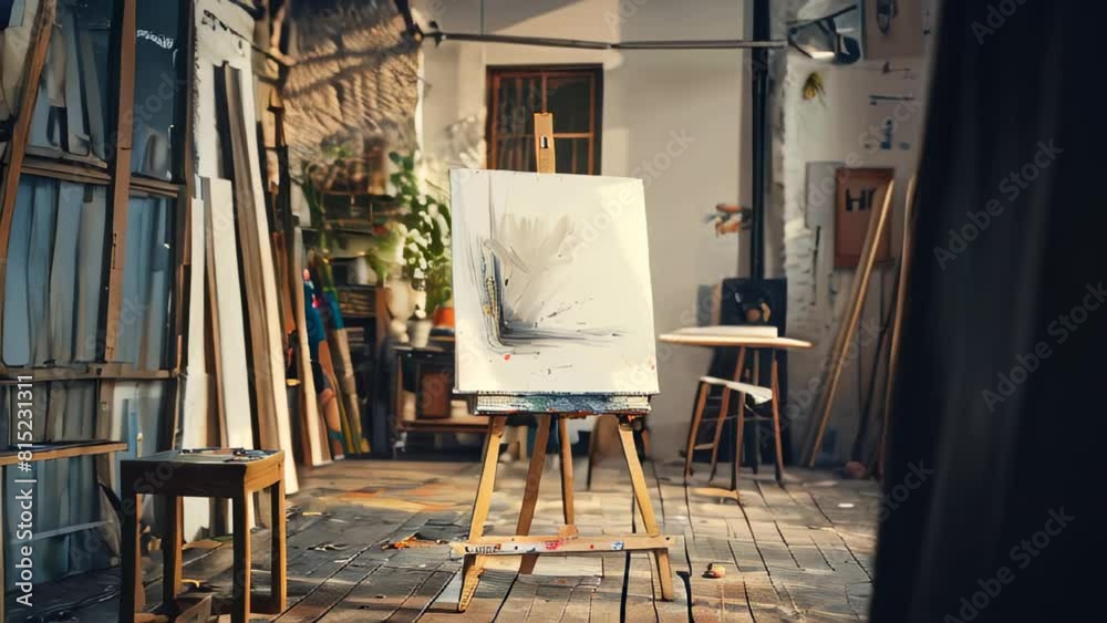 Spacious, sunlit art studio with easel and unfinished painting, surrounded by plants supplies Spacious, sunlit art studio with easel and unfinished painting, surrounded by plants supplies