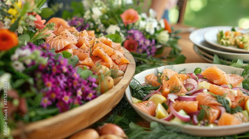 An enticing addition to the classic midsummer solstice spread is the Scandinavian salmon salad adorning the outdoor buffet table alongside a vibrant bouquet of summer flowers This delectabl
