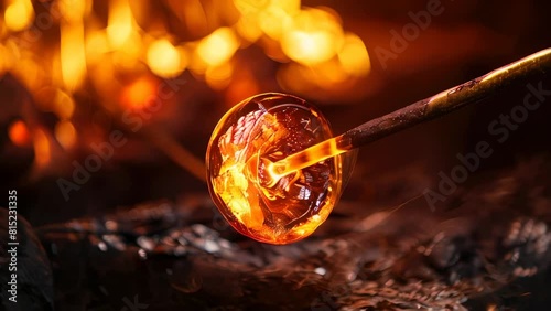 Molten glass at end of blowpipe being shaped in fiery workshop environment photo
