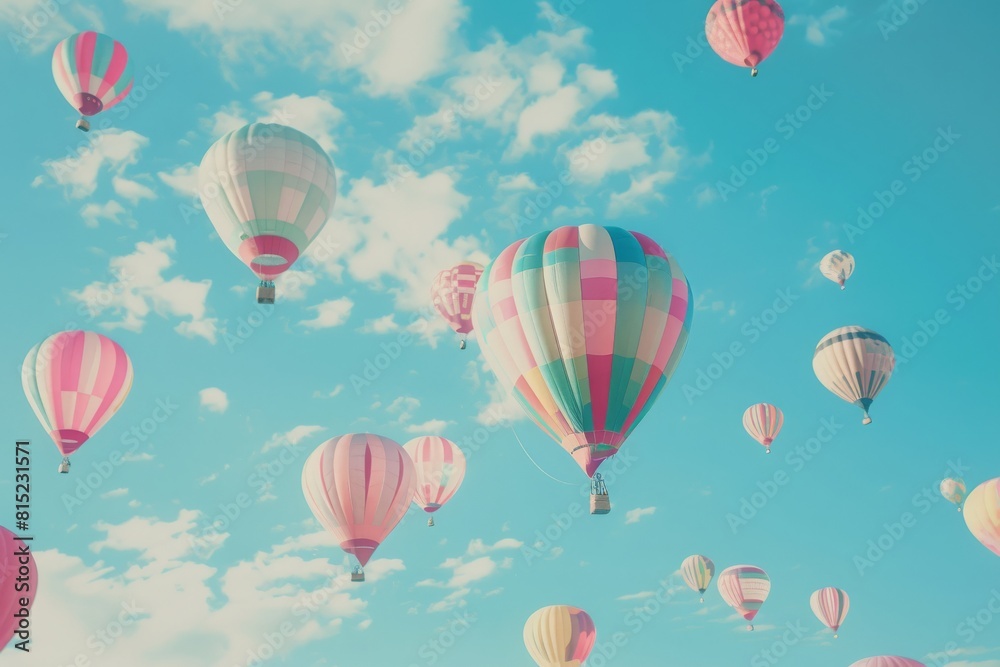 Colorful hot air balloons floating in a clear blue sky, a dreamy scene for leisure and adventure themes.
Colorful hot air balloons floating in a clear blue sky, a dreamy scene for leisure and adventure themes.