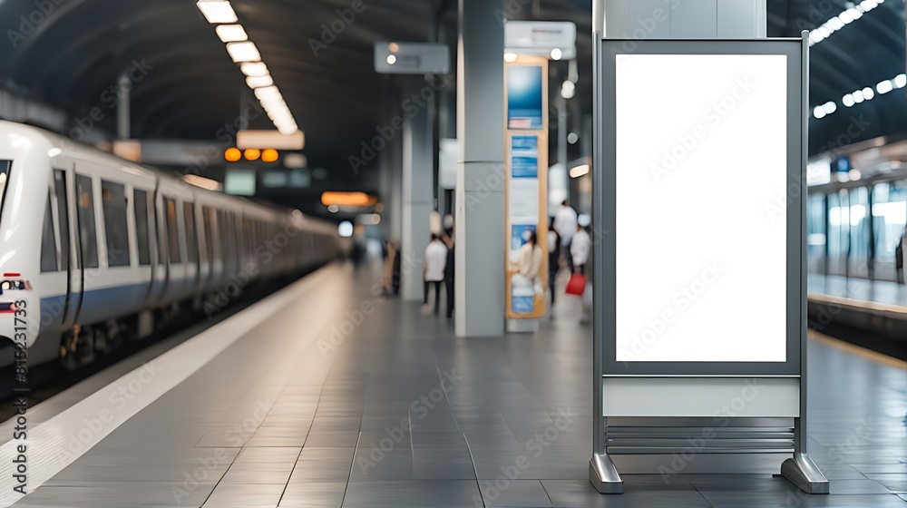 Obraz premium Blank advertising mockup board for advertisement at the train platform or A mockup poster stands within a train station