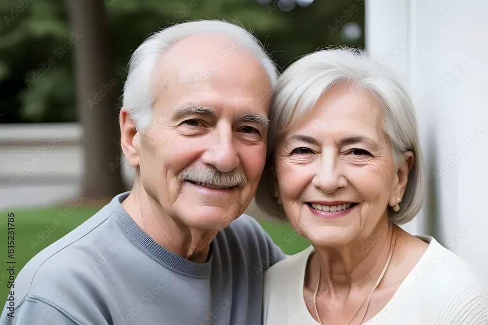a portrait of a happy white, caucasian, senior, elderly, married couple, in love