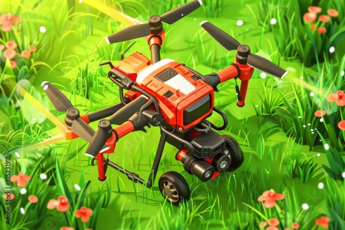 Artistic rendering of a drone efficiently watering young tree saplings, showcasing modern agricultural technique