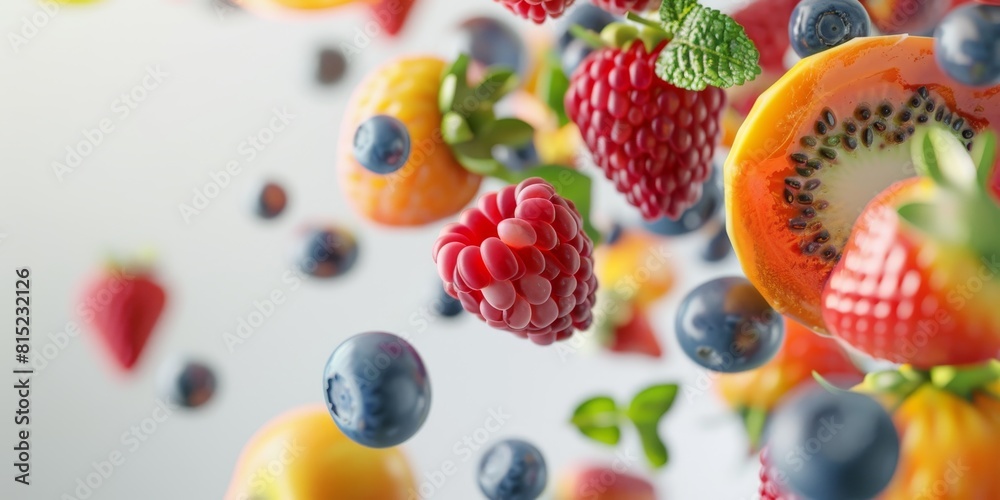 Fresh organic berries and fruits. Blueberries, raspberries, strawberries, kiwi, peaches and mint leaves flying in the air. Isolated on white background Fresh organic berries and fruits. Blueberries, raspberries, strawberries, kiwi, peaches and mint leaves flying in the air. Isolated on white background