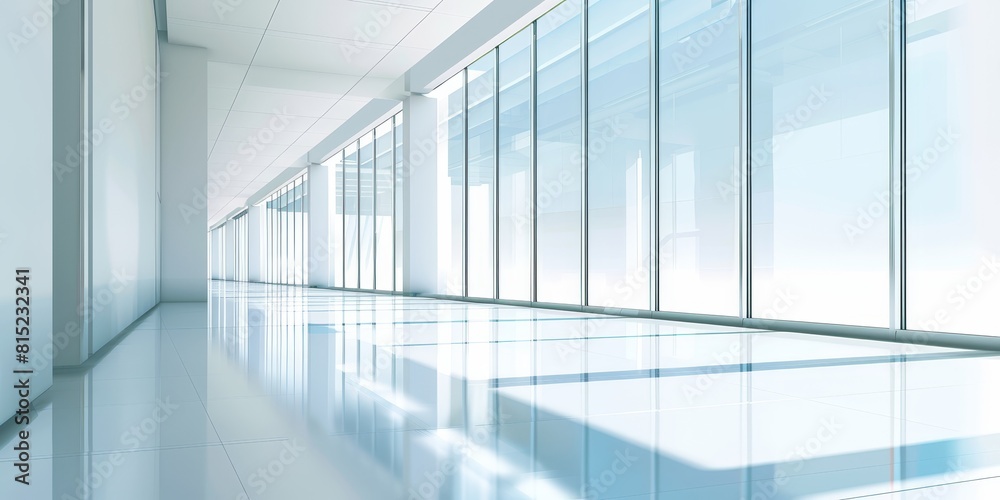 The image shows an empty modern office corridor with glass walls. The image shows an empty modern office corridor with glass walls.