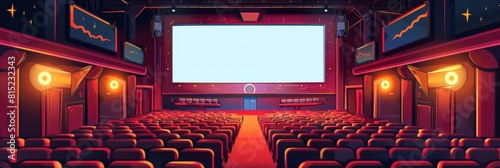 The interior of a movie theater with red seats and a blank screen. photo