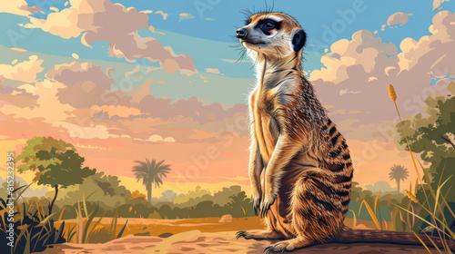 Meerkat standing on a rock, vigilantly watching over a savannah under a sunset sky.