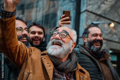 Mature bearded man taking selfie with his friends on the street.