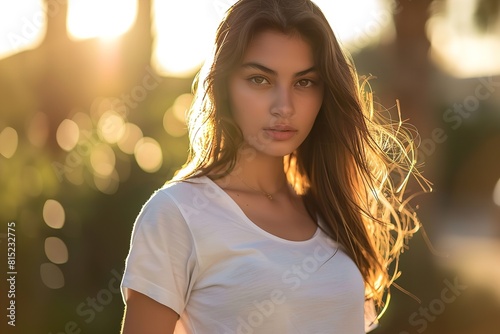 A young woman wearing a white t-shirt stands confidently in front of a tall palm tree, showcasing a tropical vibe