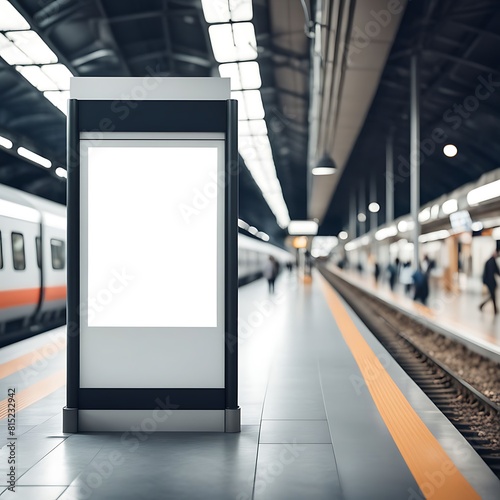  Blank advertising mockup board for advertisement at the train platform or A mockup poster stands within a train station