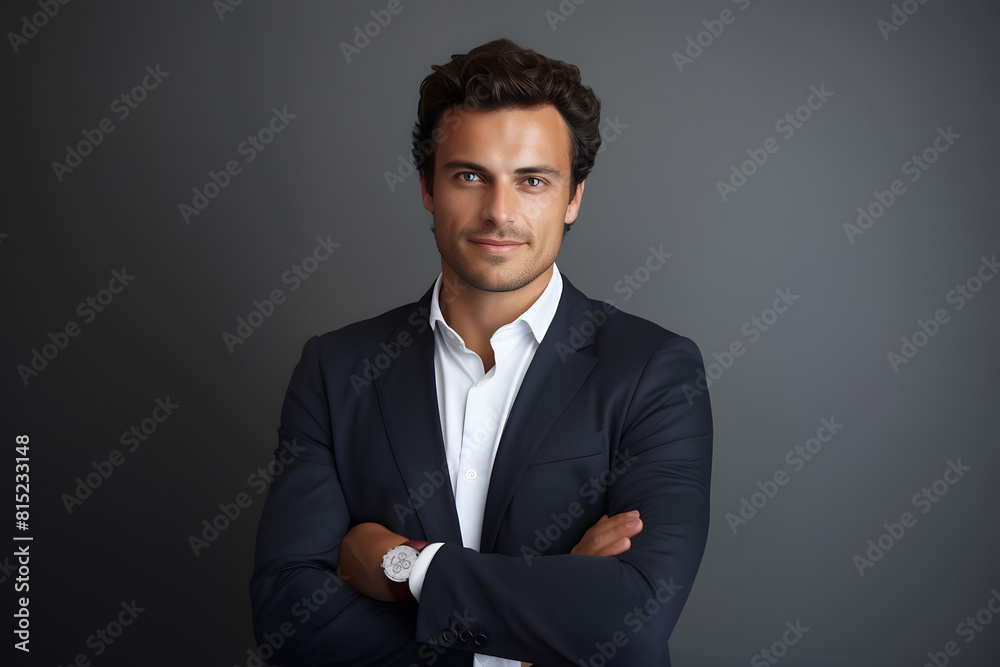 Young charming Caucasian businessman with arms crossed, business jacket & white shirt, looking smart & professional, standing against a gray background.