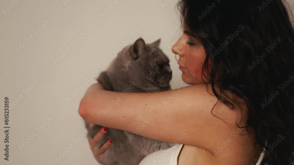 Felidae carnivore perched on a womans shoulder, small cat with whiskers and fur Felidae carnivore perched on a womans shoulder, small cat with whiskers and fur