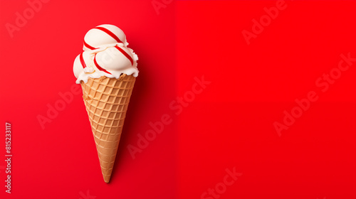 ice cream cone with red icing in shape of lines on red background