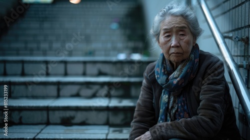 An elderly Asian woman is grappling with a pounding headache possibly stemming from a brain tumor or cancer Overwhelmed by dizziness and a strong inclination to stumble she seeks solace by s photo