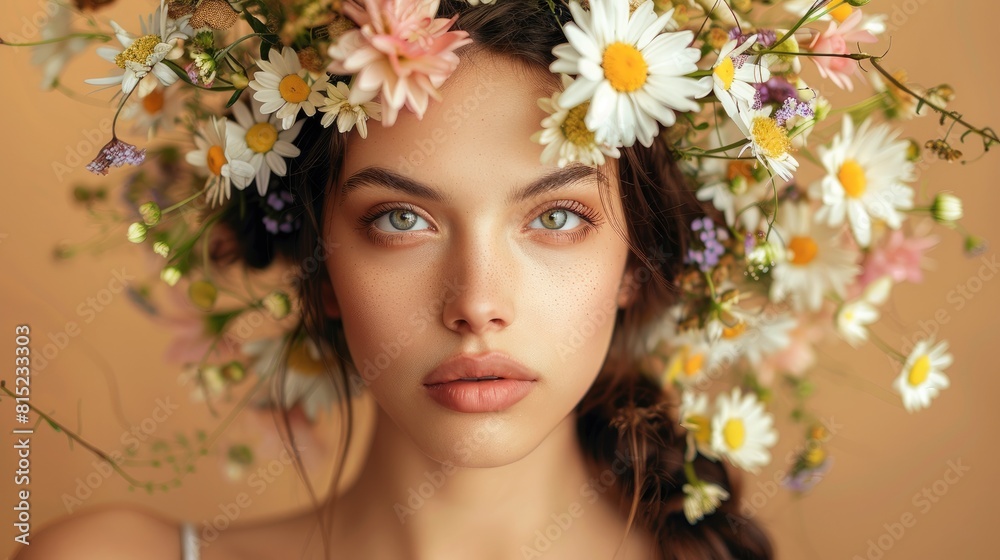 A stunning young woman adorned with a wreath of flowers set against a soft beige backdrop captures the essence of the summer solstice