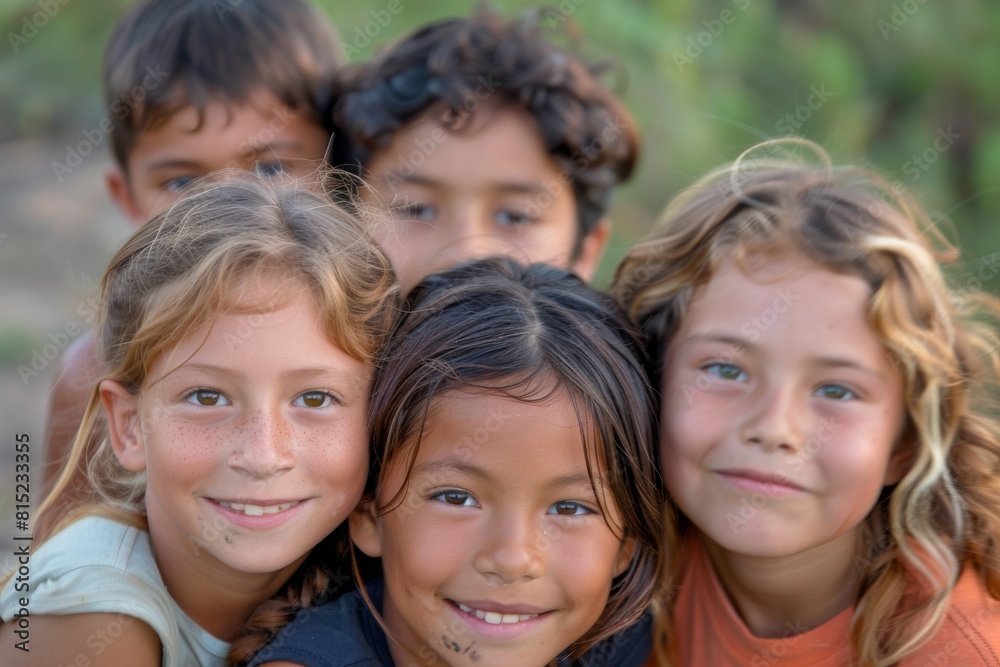 Group of happy children smiling and looking at camera. Selective focus.