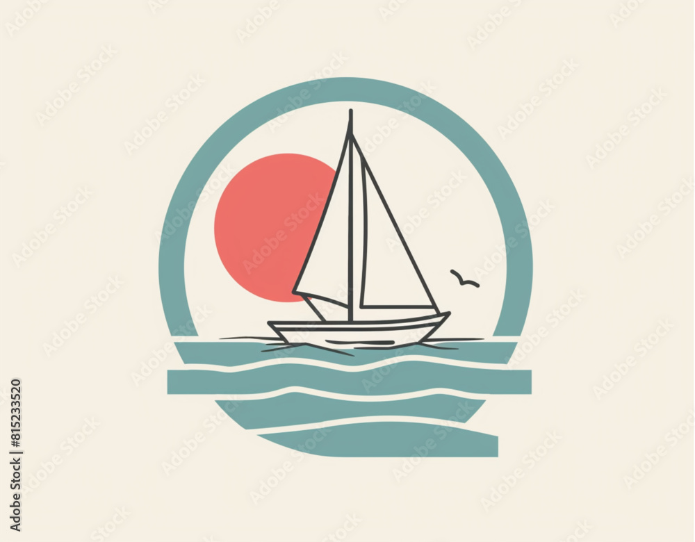 Sailboat, minimalist logo design with simple lines and shapes of a sailboat in a circle on a white background.