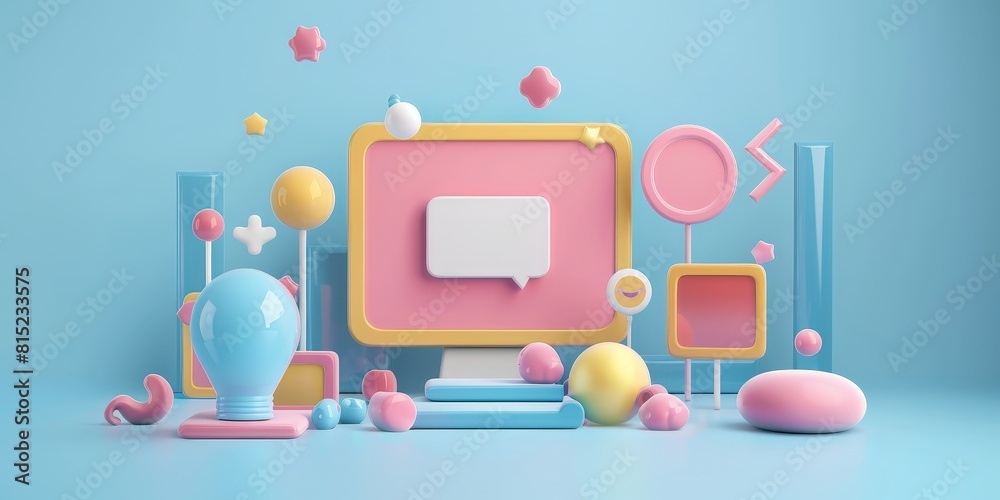 3d illustration of a computer with a blank speech bubble on a blue background. 3d illustration of a computer with a blank speech bubble on a blue background.