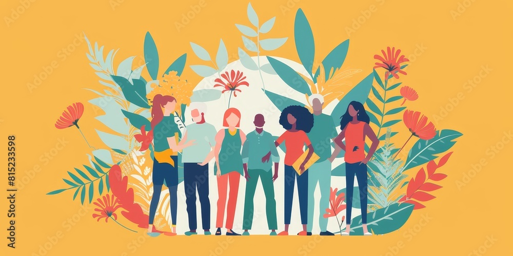 A group of diverse people standing together in front of a yellow background with plants and flowers. A group of diverse people standing together in front of a yellow background with plants and flowers.