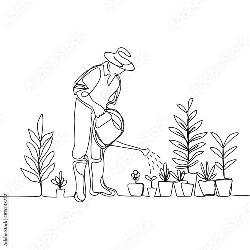 Gardener, watering flowers in continuous one line art style. Simple vector illustration
