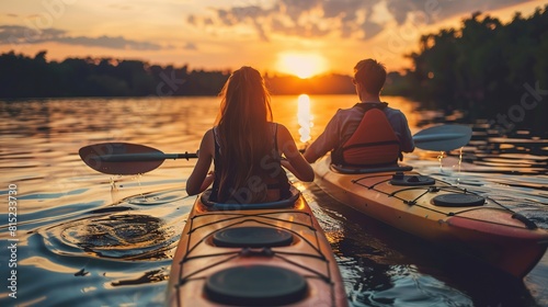 couple kayaking on the lake together at sunset. Have fun in your free time #815233730