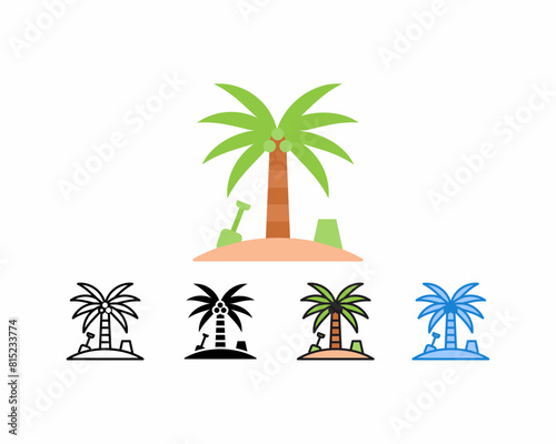 
Coconut tree icon with bucket and spade toy. set vector line, outline, glyph, filled line, flat color, line gradient and flat. Editable strokes and pixel perfect. Can be used for digital products, pr