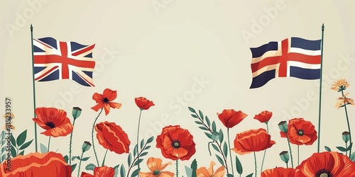 Red poppies flowers with British flag. Symbol of Remembrance Day.