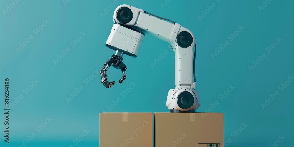 The robotic arm is picking up the box. The robotic arm is picking up the box.
