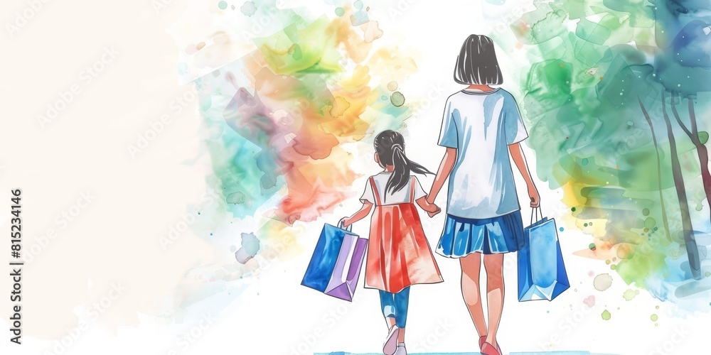 The watercolor painting shows a mother and her daughter walking away. They are both carrying shopping bags.