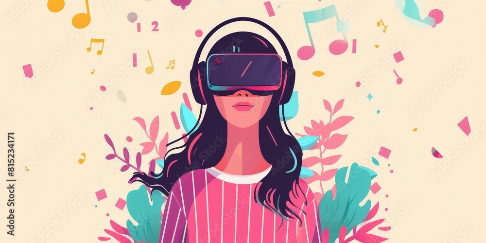 The woman wearing a VR headset is immersed in a virtual world. She is surrounded by colorful shapes and symbols, representing the digital world she is exploring. The woman wearing a VR headset is immersed in a virtual world. She is surrounded by colorful shapes and symbols, representing the digital world she is exploring.