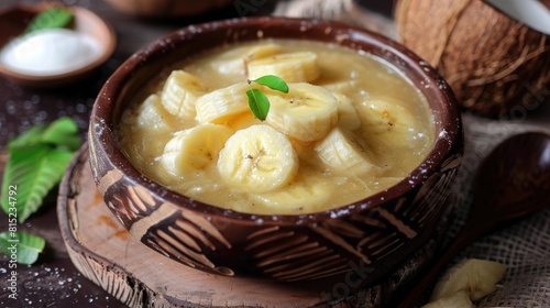 Kolak pisang is a beloved Indonesian dessert traditionally enjoyed during the Ramadan takjil for breaking the fast This delightful sweet soup is crafted from ripe bananas simmered in a blen photo