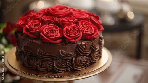 A luscious chocolate cake adorned with elegant red roses on top