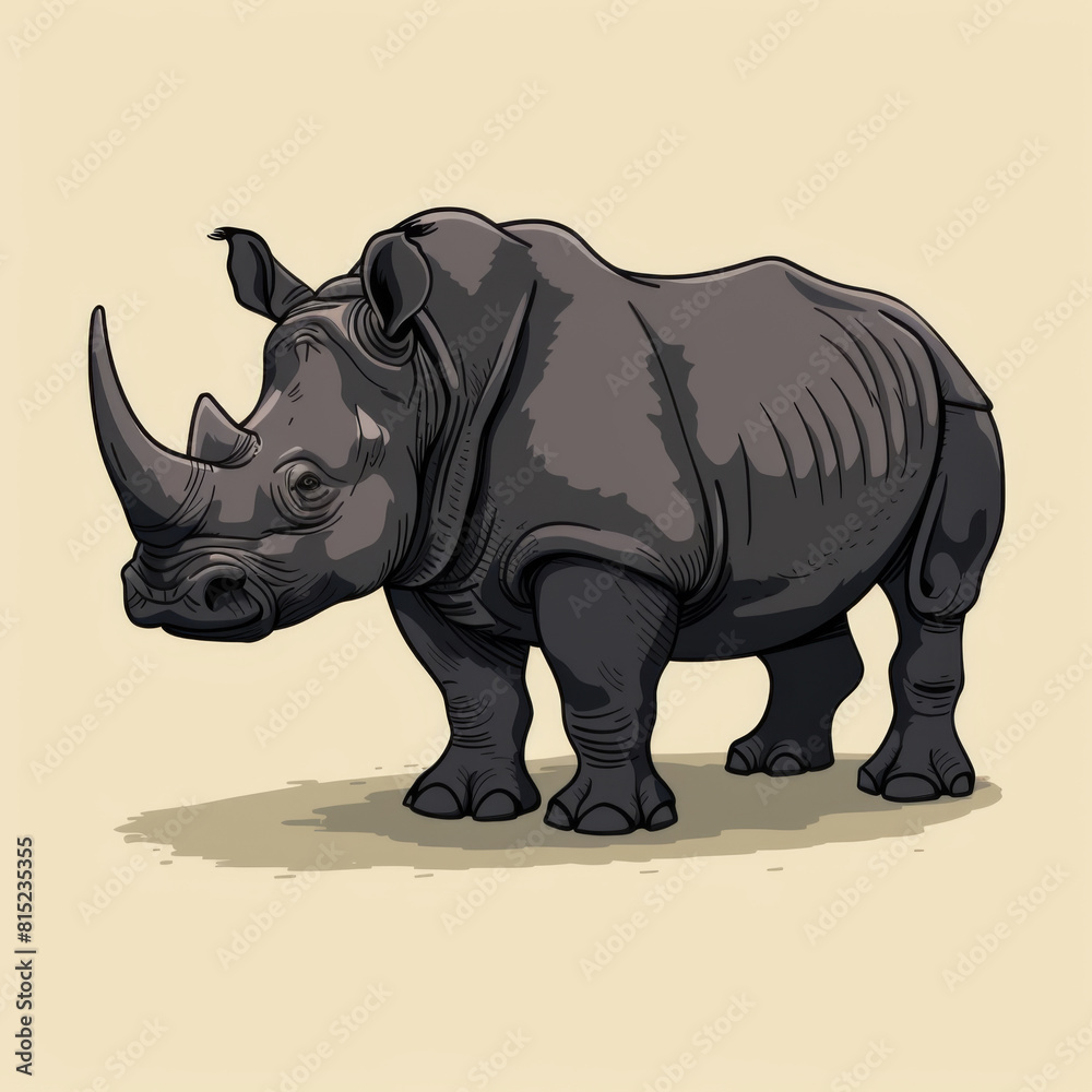Fototapeta premium Detailed illustration of a standing rhinoceros with a textured skin, set against a beige background.