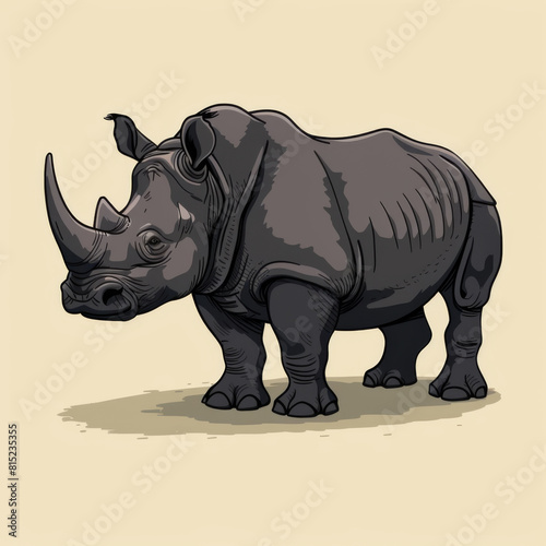 Detailed illustration of a standing rhinoceros with a textured skin  set against a beige background.