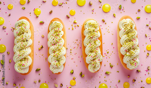 gourmet eclairs decorated with cream and colorful sprinkles on pink