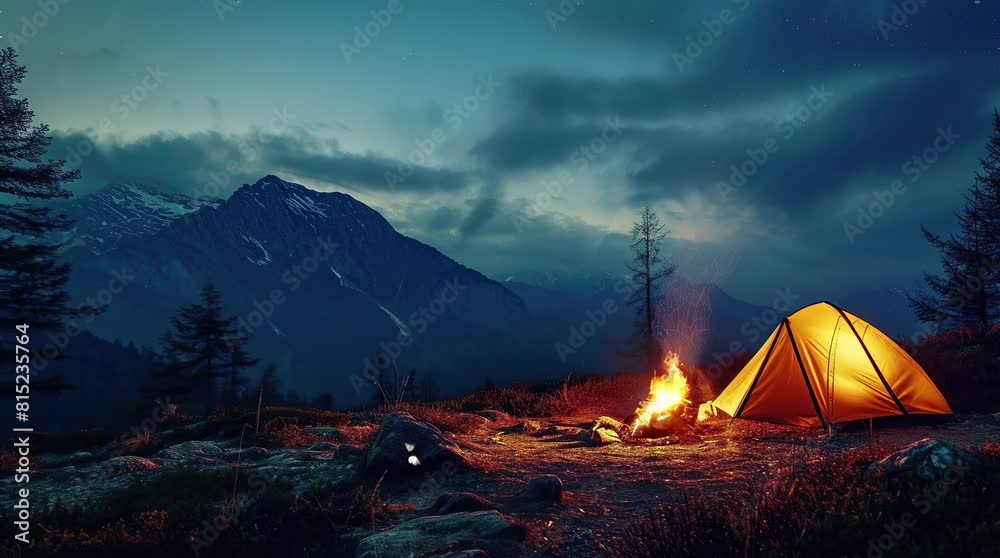 Glowing tent and crackling bonfire illuminate the mountain camping scene
Seamless looping 4k time-lapse virtual video animation background. Generated AI Glowing tent and crackling bonfire illuminate the mountain camping scene
Seamless looping 4k time-lapse virtual video animation background. Generated AI