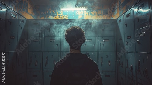 loneliness in crowds, alone by the lockers, the silhouette hears distant voices fading, feeling profoundly isolated in a crowded room photo
