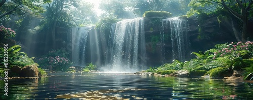 Concept art of a hidden waterfall adventure  lush greenery  hidden path leading to a secret pool  dawn light  wide angle