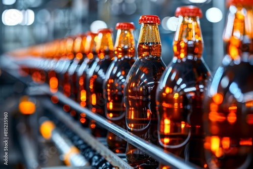 closeup of shimmering cola soda bottles on a pristine light factory conveyor belt industrial beverage production line abstract photography