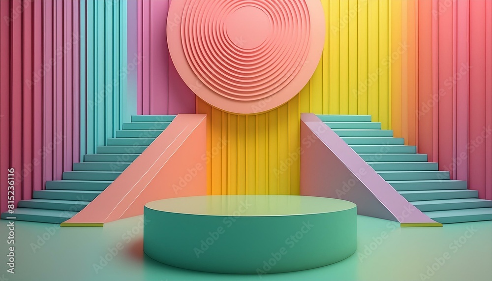 Fototapeta premium 3D rendering of colorful walls with steps and geometric shapes